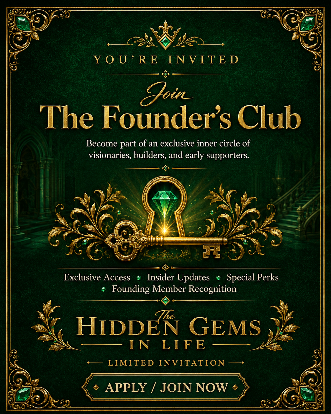 The Hidden Gems in Life — Founder's Club Invitation with ornate gold key and emerald keyhole